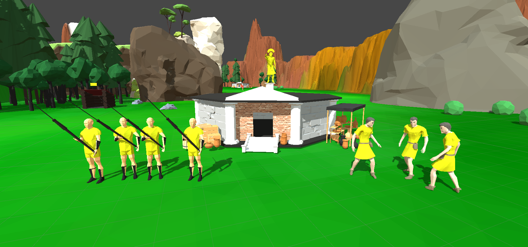 Spearman (left) and Servant (right) in front of the town center