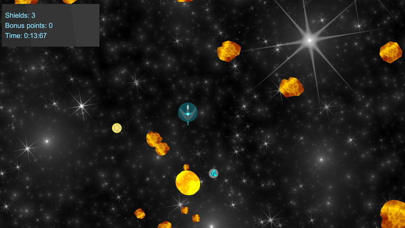 Image of the player ship flying through a field of meteors